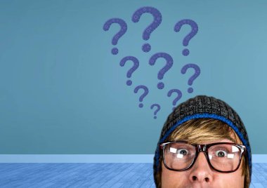 Digital composite of Man in hat thinking with blue stitched question marks clipart