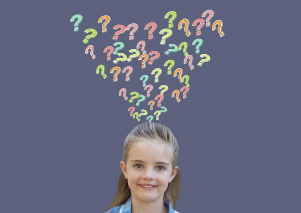 Ψηφιακός Σύνθετος Από Νεαρή Κοπέλα Πολύχρωμα Funky Ερωτηματικά Που Προκύπτουν — Φωτογραφία Αρχείου