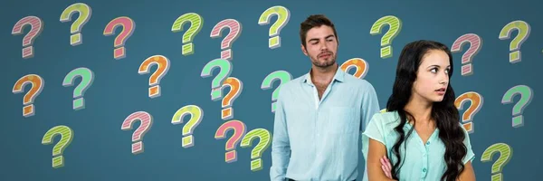 Digital Composite Confused Unhappy Couple Colorful Funky Question Marks — Stock Photo, Image