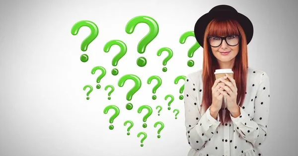 Cyfrowy Kompozytowy Kobiety Myśleniem Kawę Zielone Błyszczące Znaki Zapytania — Zdjęcie stockowe