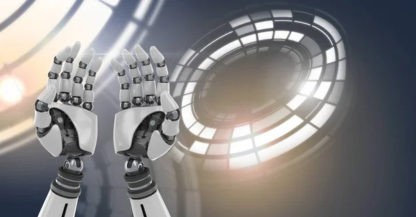 Composto Digital Mãos Robóticas Andróides Interface Tecnologia Círculo Brilhante — Fotografia de Stock