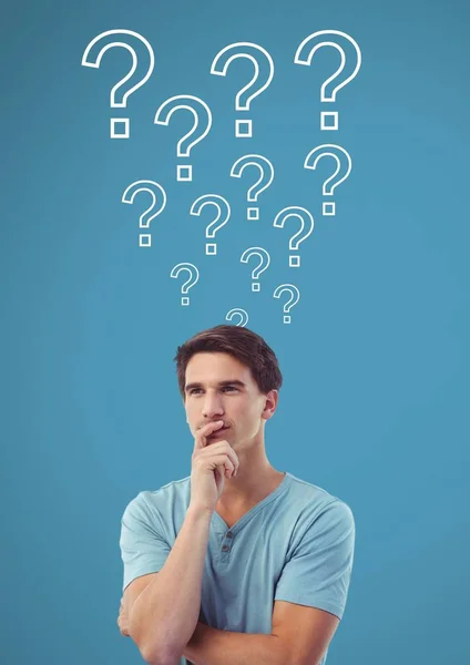 Digital composite of Man thinking with question marks