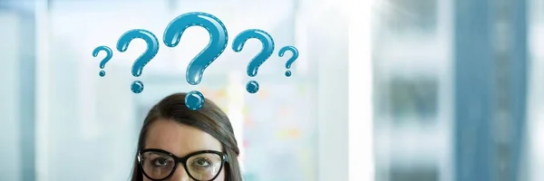 Digital Composite Woman Thinking Blue Shiny Question Marks — Stock Photo, Image