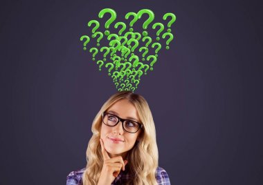 Digital composite of Woman thinking with green question marks clipart