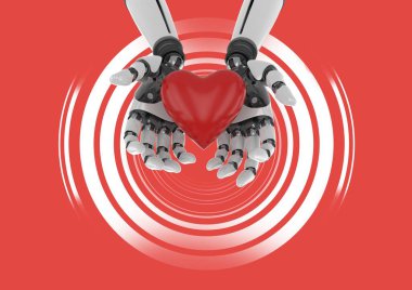 Robot android el ile kalp ve Shimmering daire kırmızı bir arka plan üzerinde dijital bileşik
