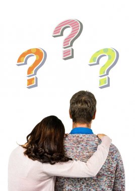 Digital composite of Couple thinking with colorful funky question marks clipart