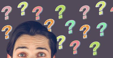 Dijital bileşik ile renkli funky düşünme adamın soru işaretleri