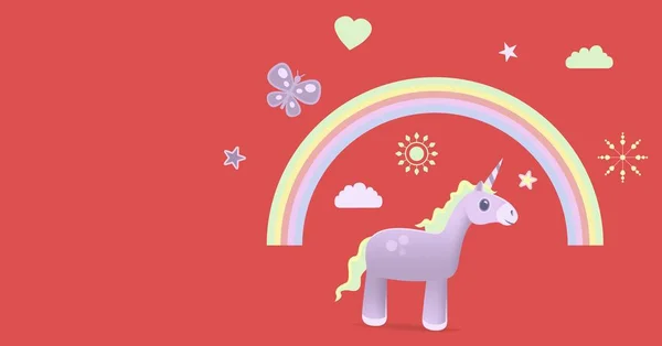 Digital composite of Unicorn under rainbow illustration and empty space