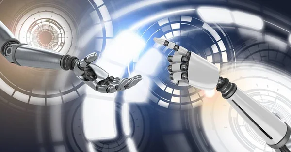 Ψηφιακός Σύνθετος Ρομπότ Αγγίζοντας Φθάνει Ανδροειδές Χέρια Και Καμμένος Κύκλο — Φωτογραφία Αρχείου