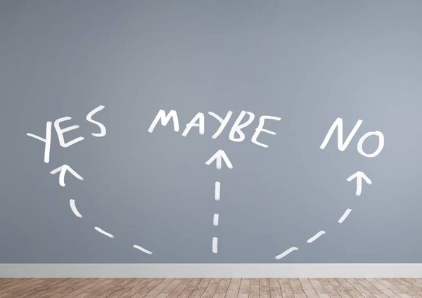 Цифровая композиция Yes No Maybe с графикой стрелок на стене
