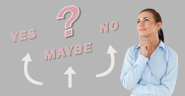 Digital composite of Woman thinking Yes No Maybe text with arrows graphic on grey background