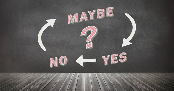 Цифровая композиция Yes No Maybe с графикой стрелок на стене
