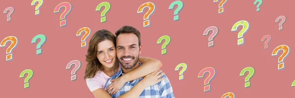 Digital Composite Happy Couple Colorful Funky Question Marks — Stock Photo, Image