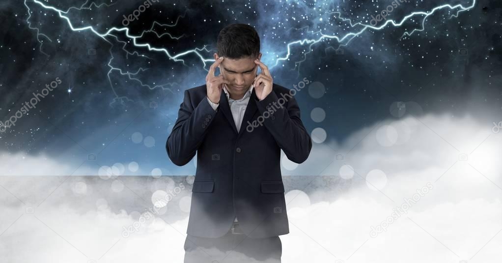 Digital composite of Lightning strikes and stressed man with headache holding head
