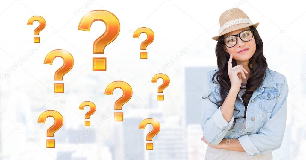 Digital composite of Woman thinking with gold question marks