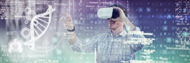 İşadamı mor ve mavi arka planı VR ile çalışma