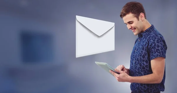Composto Digital Envelope Mensagem Carta Homem Usando Tablet — Fotografia de Stock