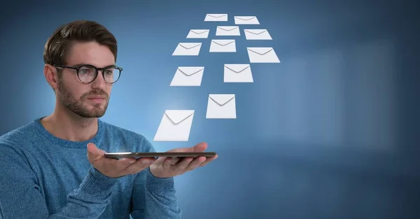 Composto Digital Mensagens Envelope Carta Homem Usando Tablet — Fotografia de Stock