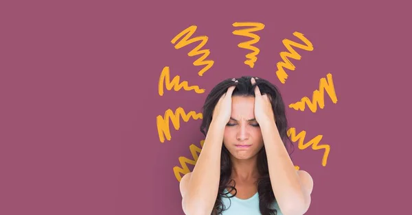 Digital Composite Stressed Anxious Headache Woman Yellow Doodles Purple Background — Stock Photo, Image