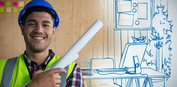 Trabajador Construcción Feliz Contra Oficina Creativa Con Paneles Madera Fresco — Foto de Stock