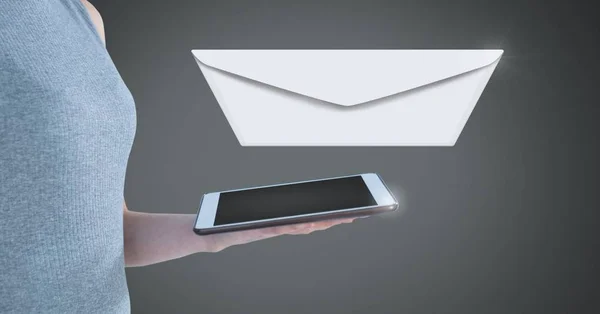 Composto Digital Envelope Mensagem Carta Mulher Usando Tablet — Fotografia de Stock