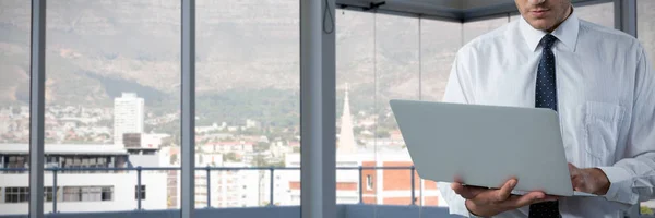 Zakenman Met Behulp Van Een Laptop Tegen Gebouwen Berg Gezien — Stockfoto