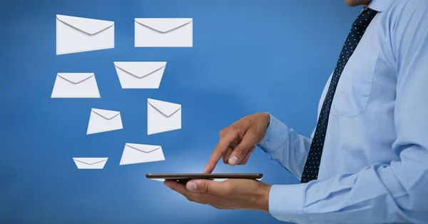Composto Digital Mensagens Envelope Carta Homem Usando Tablet — Fotografia de Stock