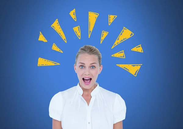 Compuesto Digital Mujer Gritando Con Garabatos Triangulares Sobre Fondo Azul — Foto de Stock