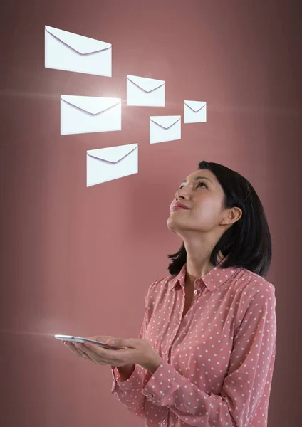 Composto Digital Mensagens Envelope Carta Mulher Usando Tablet — Fotografia de Stock