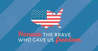 Amerikan bayrağı ülke şekli ve çizgili mavi arka plan ile Anma Günü iletisinin dijital bileşik