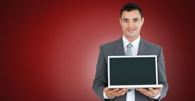 Sağlık güvenlik koruma kalkanının adamın laptop dijital bileşik