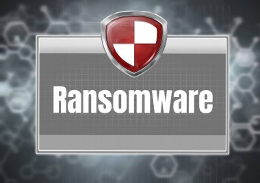 Ransomware koruma güvenlik kalkanı gri kutusunda dijital bileşik
