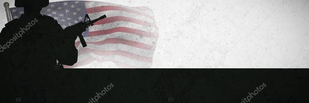 Close up of the soldier and us flag against grey background