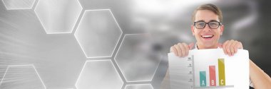 Hayatinizda dijital bileşik bar grafikler ve geçiş kartı ve hexagon holding adam