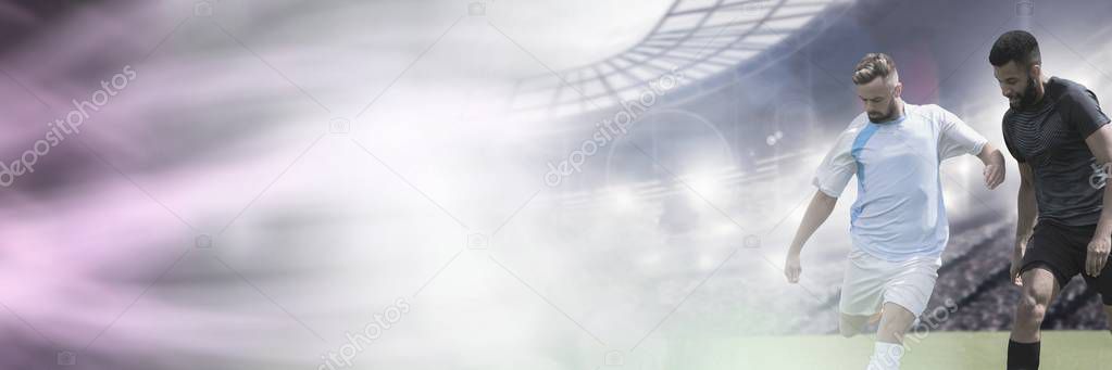 Digital composite of Soccer players on grass with stadium and football