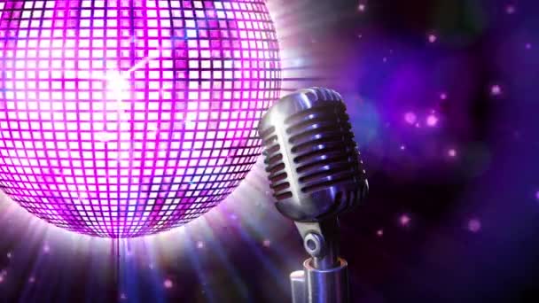 Animation Retro Silver Microphone Rotating Disco Ball Purple Background — Stock Video