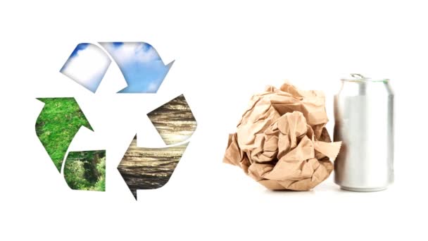 Animace Recyklační Značky Papírem Plechovkou Bílém Pozadí — Stock video