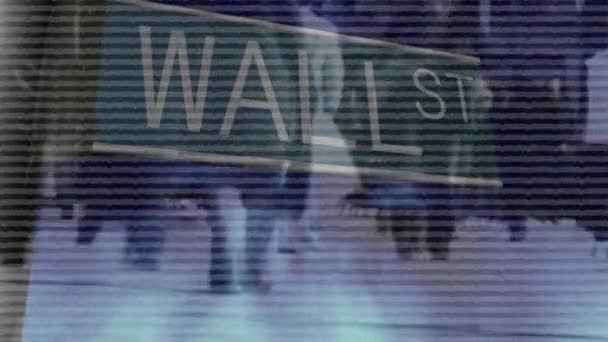 ウォール街 という言葉のアニメーションは 前景の背景と白い水平線を通過する通勤者と通りの標識を書きました — ストック動画