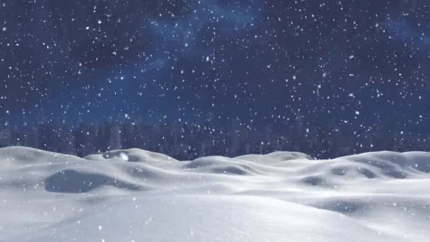 Анимация Зимних Пейзажей Ночью Выпадением Снега Городским Пейзажем Заднем Плане — стоковое видео