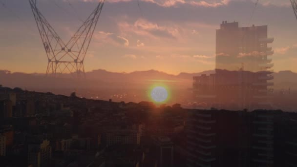 Animacja Pejzażu Miejskiego Zachodzie Słońca Słupów Elektrycznych Pierwszym Planie — Wideo stockowe