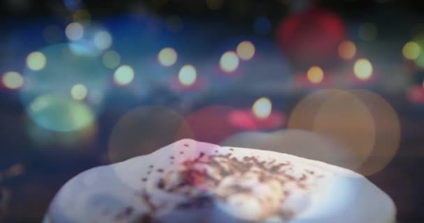 Animation Close Hot Chocolate Foamed Milk Colorful Spots Foreground — Stock Video