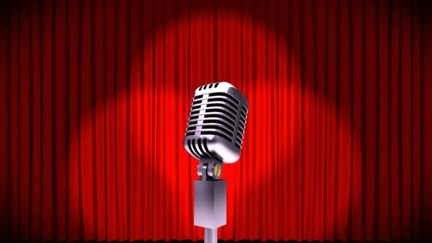 Animação Microfone Retro Prata Abertura Cortinas Vermelhas Holofotes Fundo — Vídeo de Stock