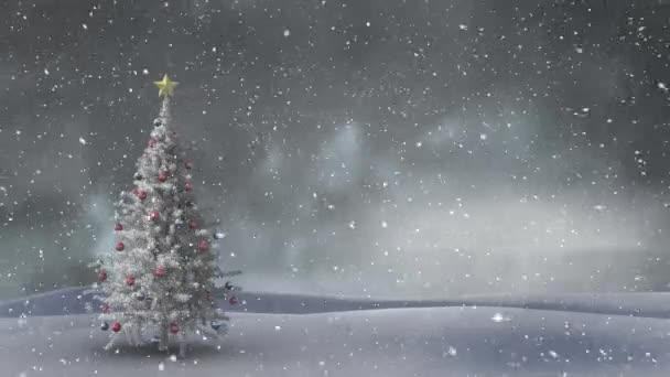 背景に雪の降る冬の風景とクリスマスツリーのアニメーション — ストック動画