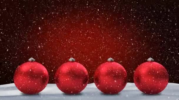 雪の降る冬の風景のアニメーションと赤の背景に4つの赤い泡とクリスマスの装飾 — ストック動画