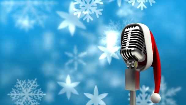 Animation Retro Silver Microphone Santa Hat Snowflakes Falling Blue Background — Stockvideo