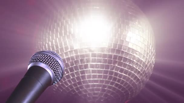 Animation Silver Microphone Rotating Disco Ball Pink Background — Stockvideo