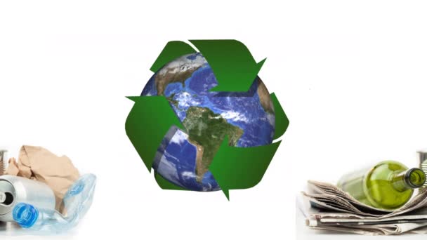 Animation Globe Wrapped Recycling Sign Plastic Bottle Glass Bottle Paper — Stock Video