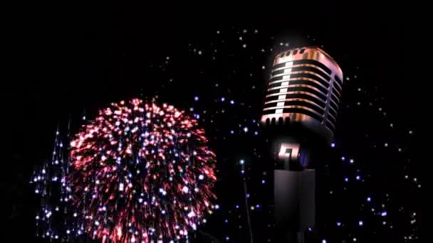 Animation Retro Silver Microphone Fireworks Black Background — Stock Video