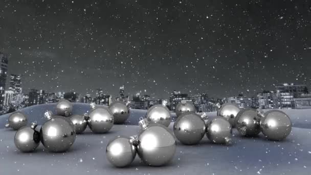 Animation Winter Scenery Night Snow Falling Christmas Decorations Silver Baubles — Stock Video