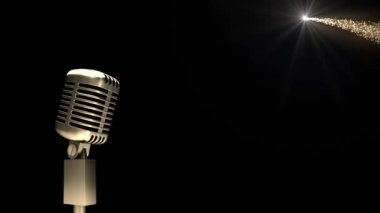 Siyah arka planda kayan yıldızlı eski gümüş bir mikrofonun canlandırması